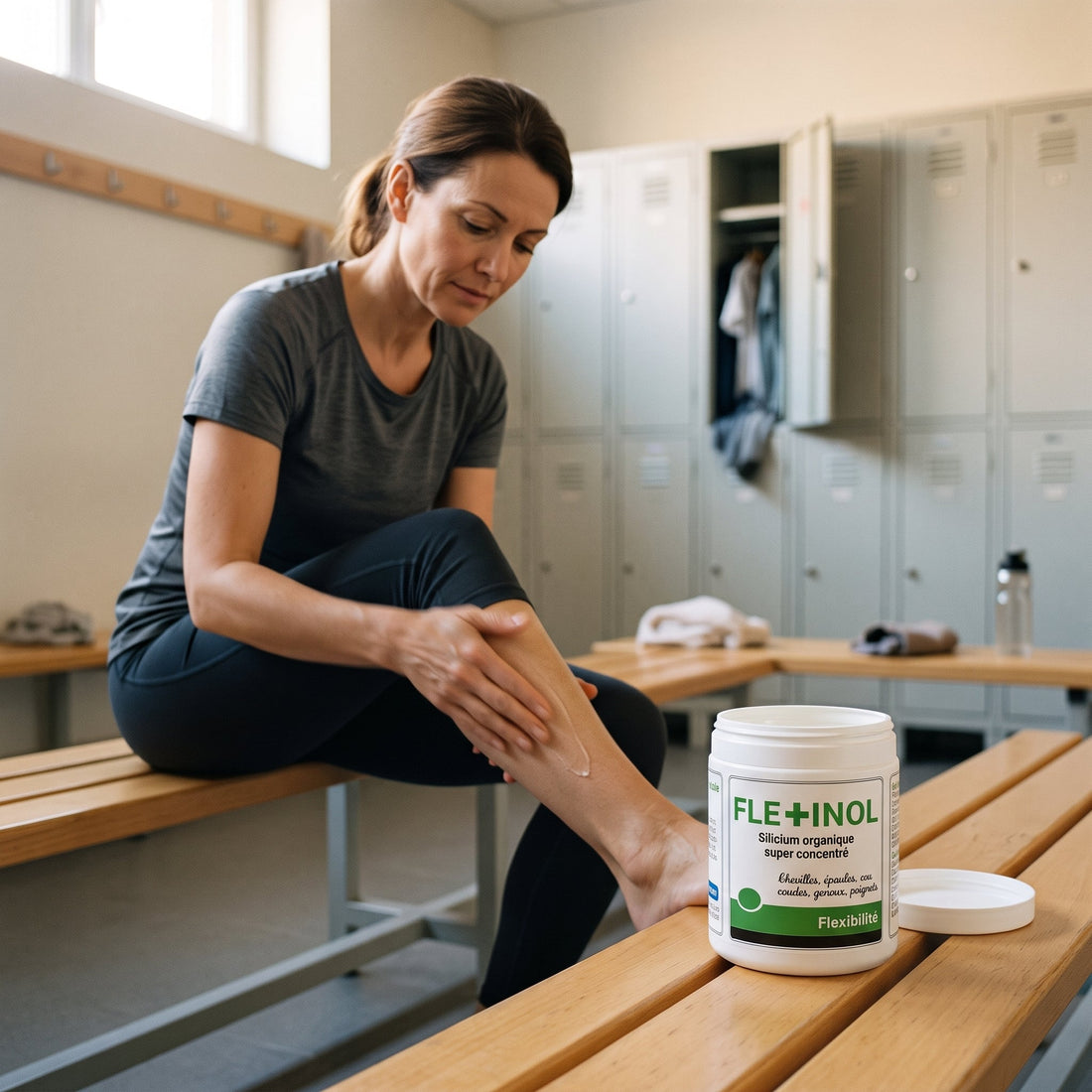 Une femme masse son mollet avec Flexinol Gel, assise dans un vestiaire