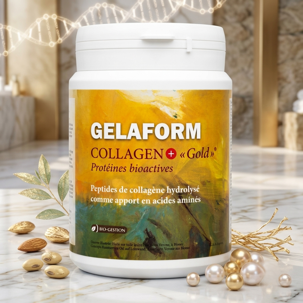 Le pot GELAFORM Collagen+ «Gold» posé sur un plan de marbre clair