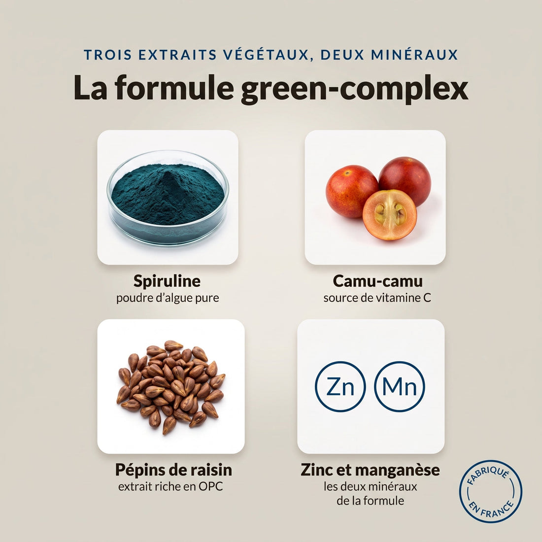 La formule green-complex : spiruline, camu-camu, pépins de raisin, zinc et manganèse