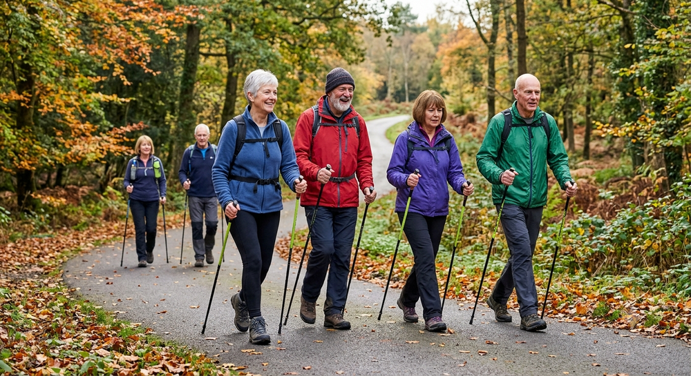 Un groupe de seniors marche avec des bâtons sur un chemin d’automne