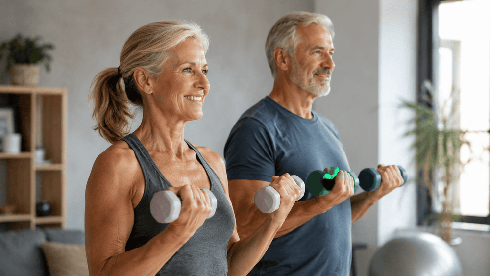 Une femme et un homme de plus de 50 ans font des exercices avec des haltères