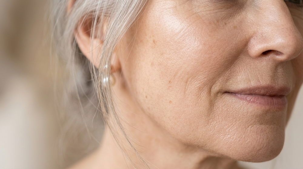 Gros plan sur la joue et le cou d’une femme aux cheveux gris